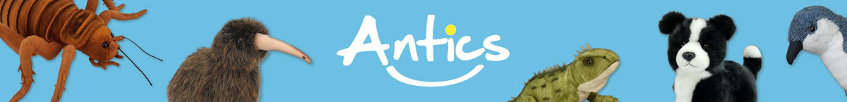 Antics collection of soft toy plush animals.