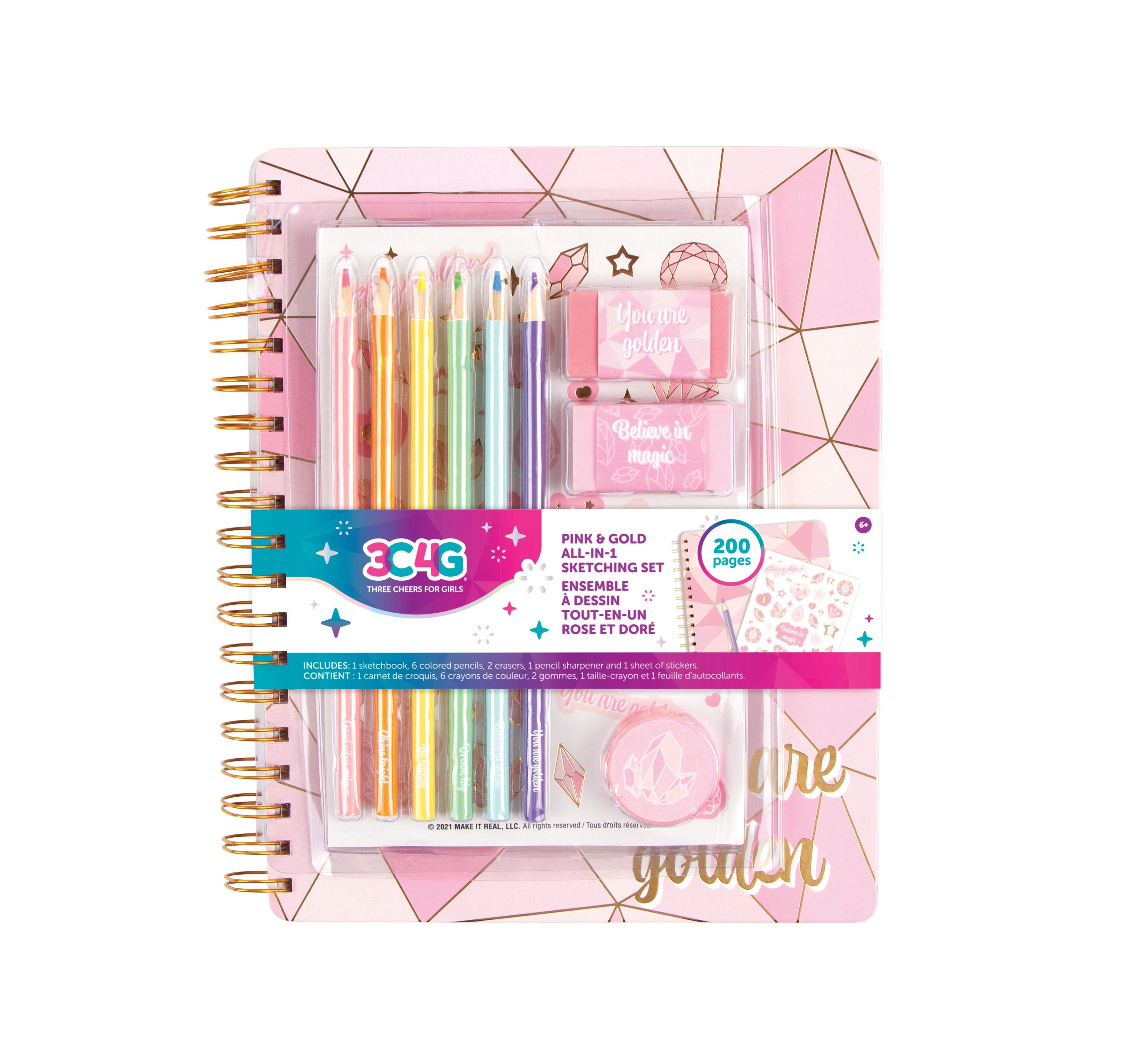 Make It Real Three Cheers For Girls Pink & Gold All-In-1 Sketching Set
