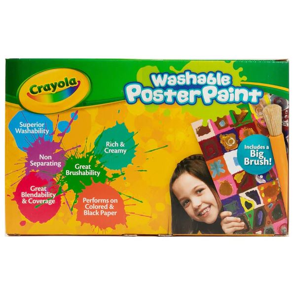 Crayola Washable Poster Paint-A-Pack (White/Yellow/Red/Blue) Classic Colours + Brush