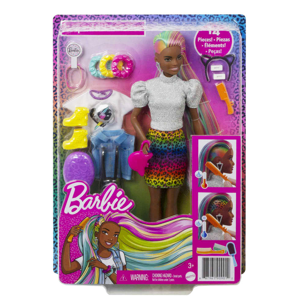 Barbie Leopard Rainbow Hair Doll Animal Print Skirt - Toyworld NZ