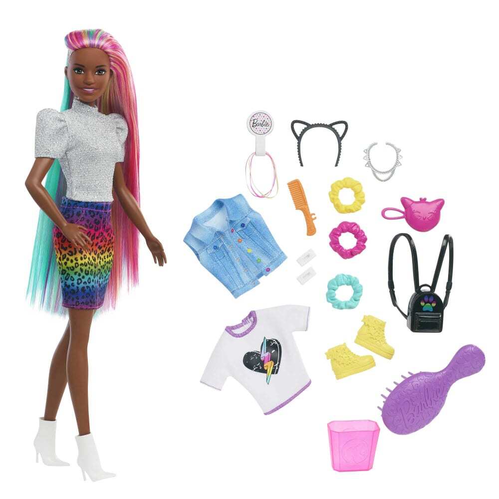 Barbie Leopard Rainbow Hair Doll Animal Print Skirt - Toyworld NZ