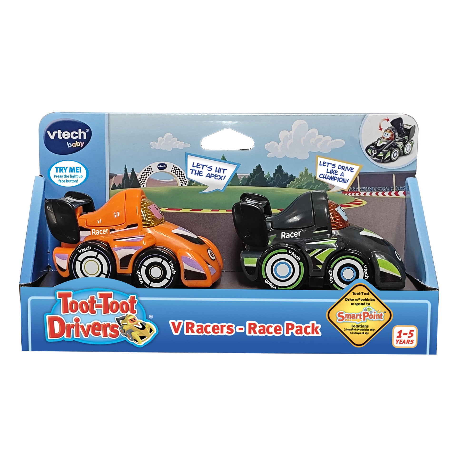 VTech Toot Toot Drivers V Racers Orange and Dark Green 2 Pack, in packaging