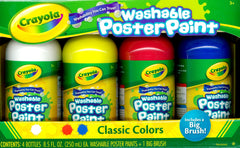 CRAYOLA WASHABLE POSTER PAINT-A-PACK (WHITE/YELLOW/RED/BLUE) CLASSIC COLORS + BRUSH