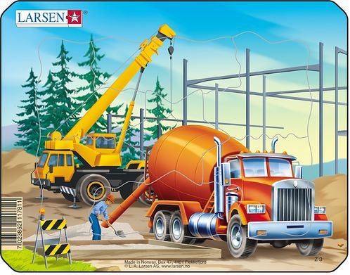 LARSEN CONSTRUCTION SMALL FRAME TRAY PUZZLE CEMENT TRUCK & CRANE