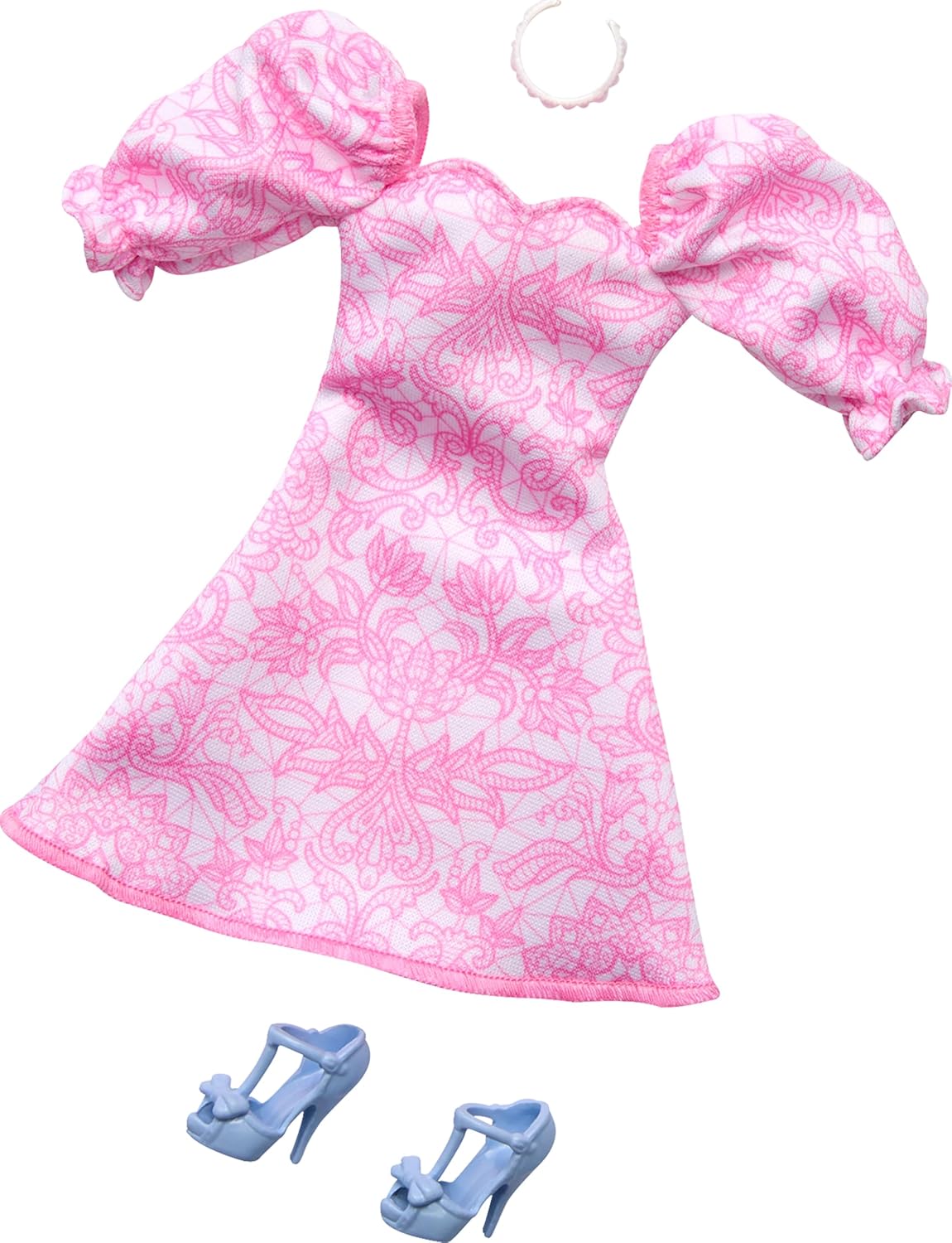 Barbie - Pink Puff Sleeve Dress, Necklace, and Bow Heels Outfit