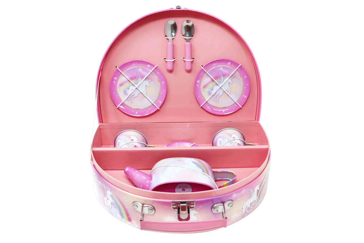 Pink Poppy Unicorn Dreamer 9 Piece Tin Tea Set In Carry Case