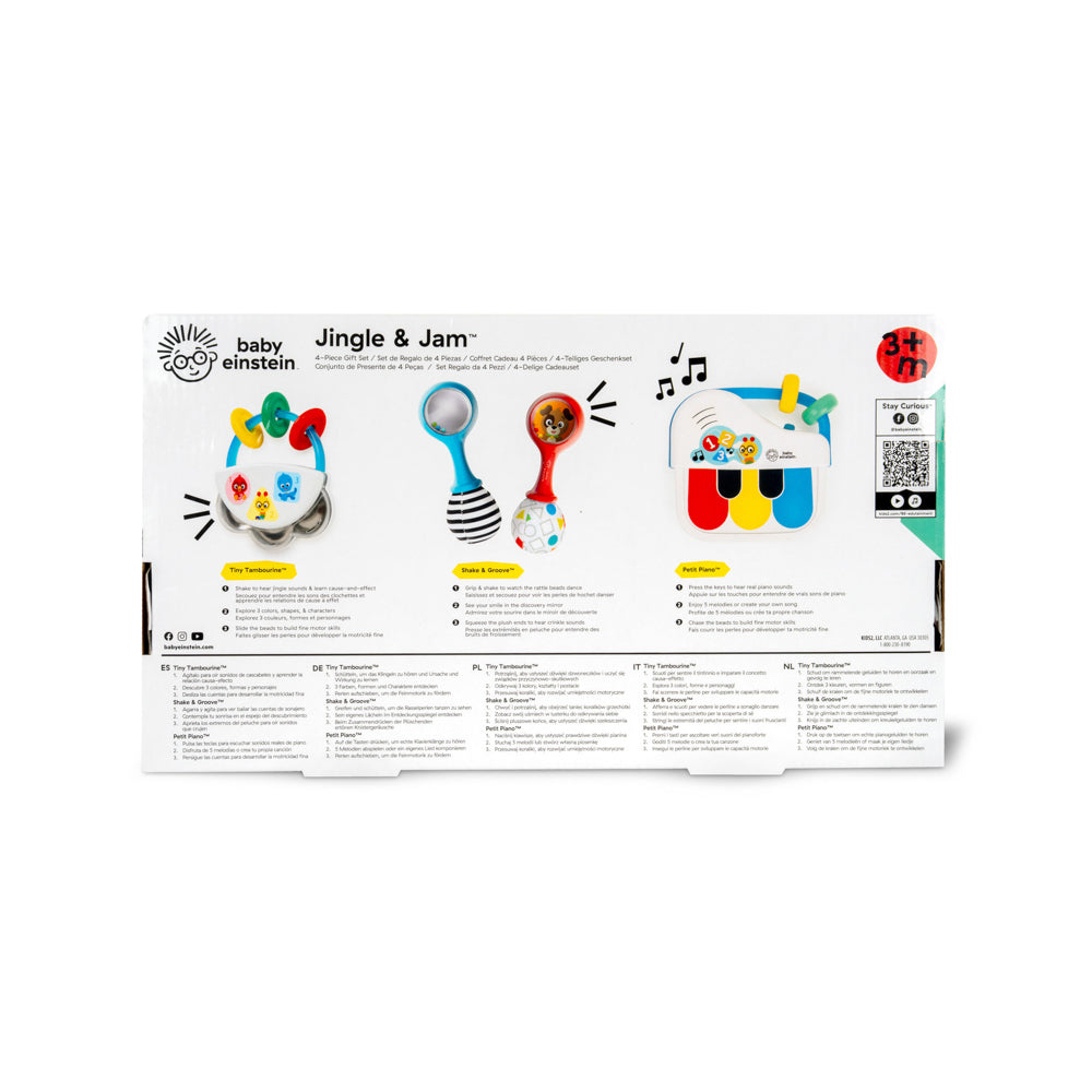 Back packaging of the Baby Einstein Jingle & Jam 3 Piece Toy Gift Set