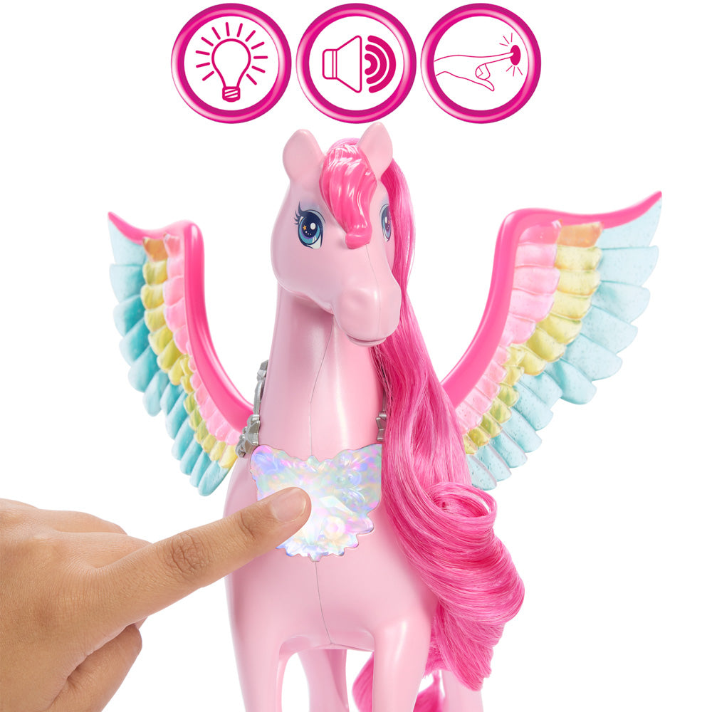 Press to hear sounds, on the Barbie A Touch Of Magic Pegasus Horse toy.