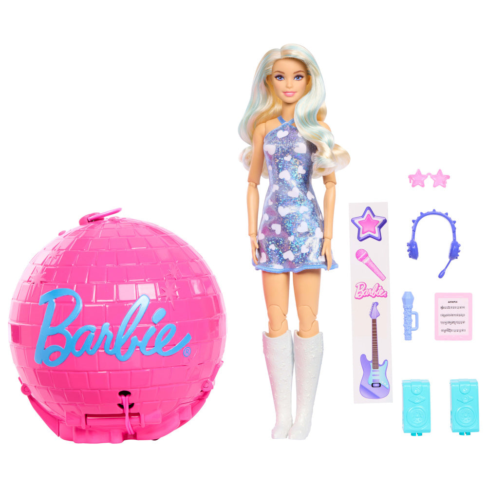 Accessories included with the Barbie Career Burst Team Roll & Reveal Pop Star doll toy, in packaging