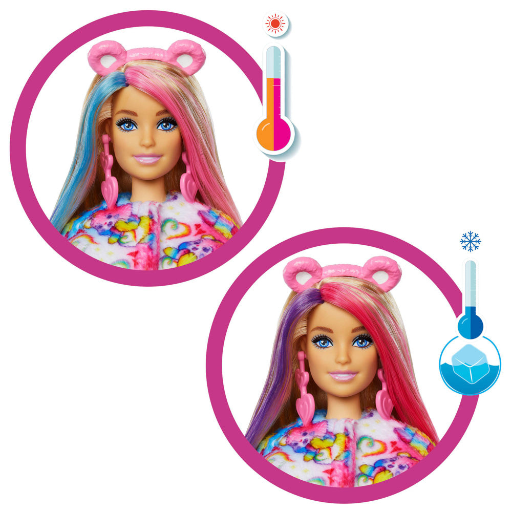 Hair changes colour with hot and cold water, in the Barbie Doll Toy Cutie Reveal Care Bears - Togetherness Bear
