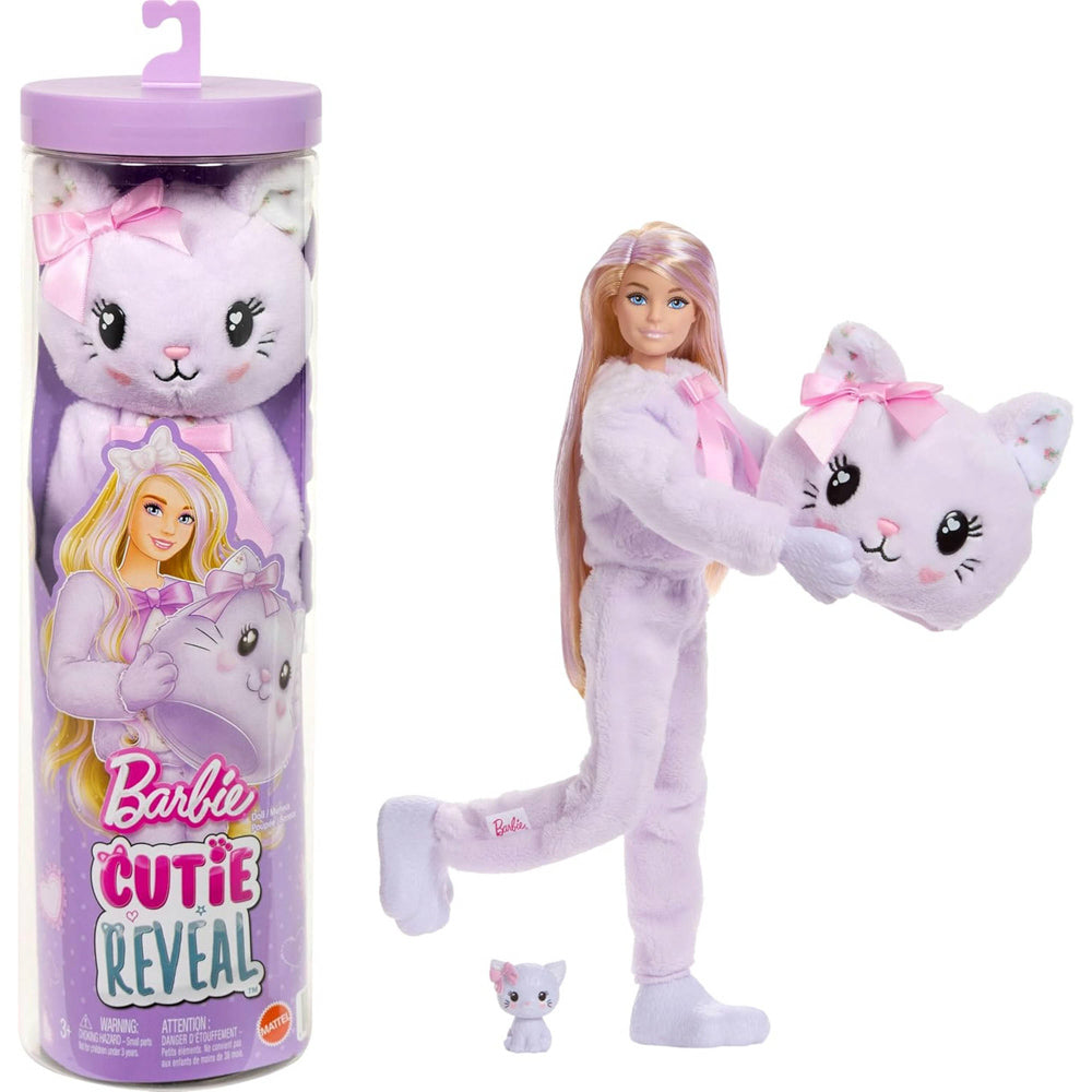 Barbie standing next to packaging for the Barbie Cutie Doll Toy Reveal Cuddly Series - Kitten