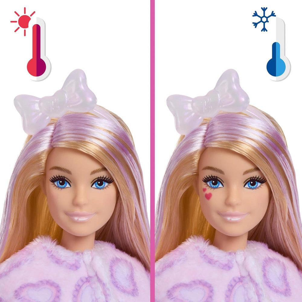 Barbie's face changes with cold and hot water, in the Barbie Cutie Doll Toy Reveal Cuddly Series - Kitten