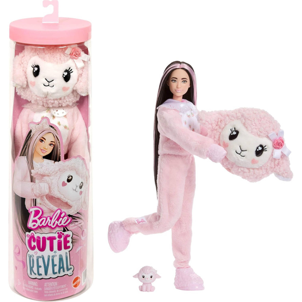 Barbie and packaging for the Barbie Doll Toy Cutie Reveal Cuddly Series - Lamb