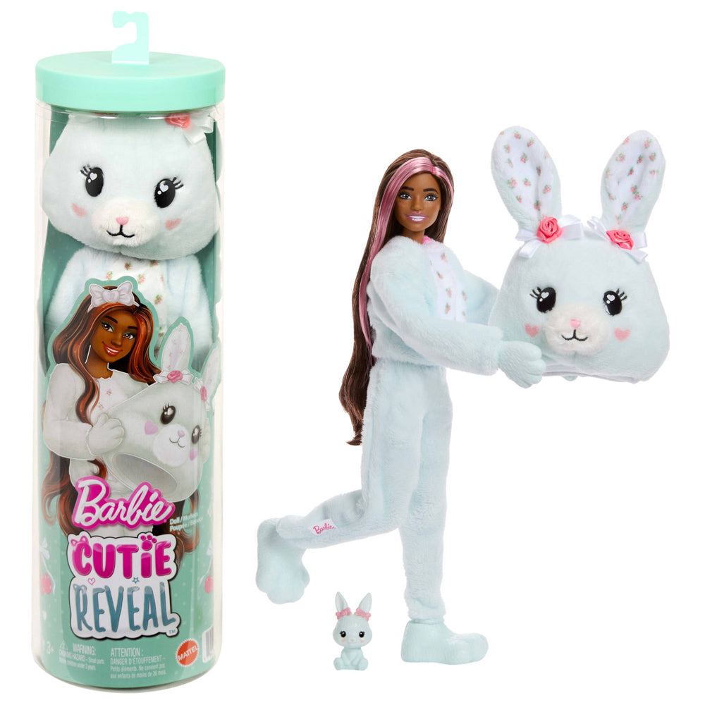 Barbie standing next to packaging of the Barbie Cutie Doll Toy Reveal Cuddly Series - Bunny