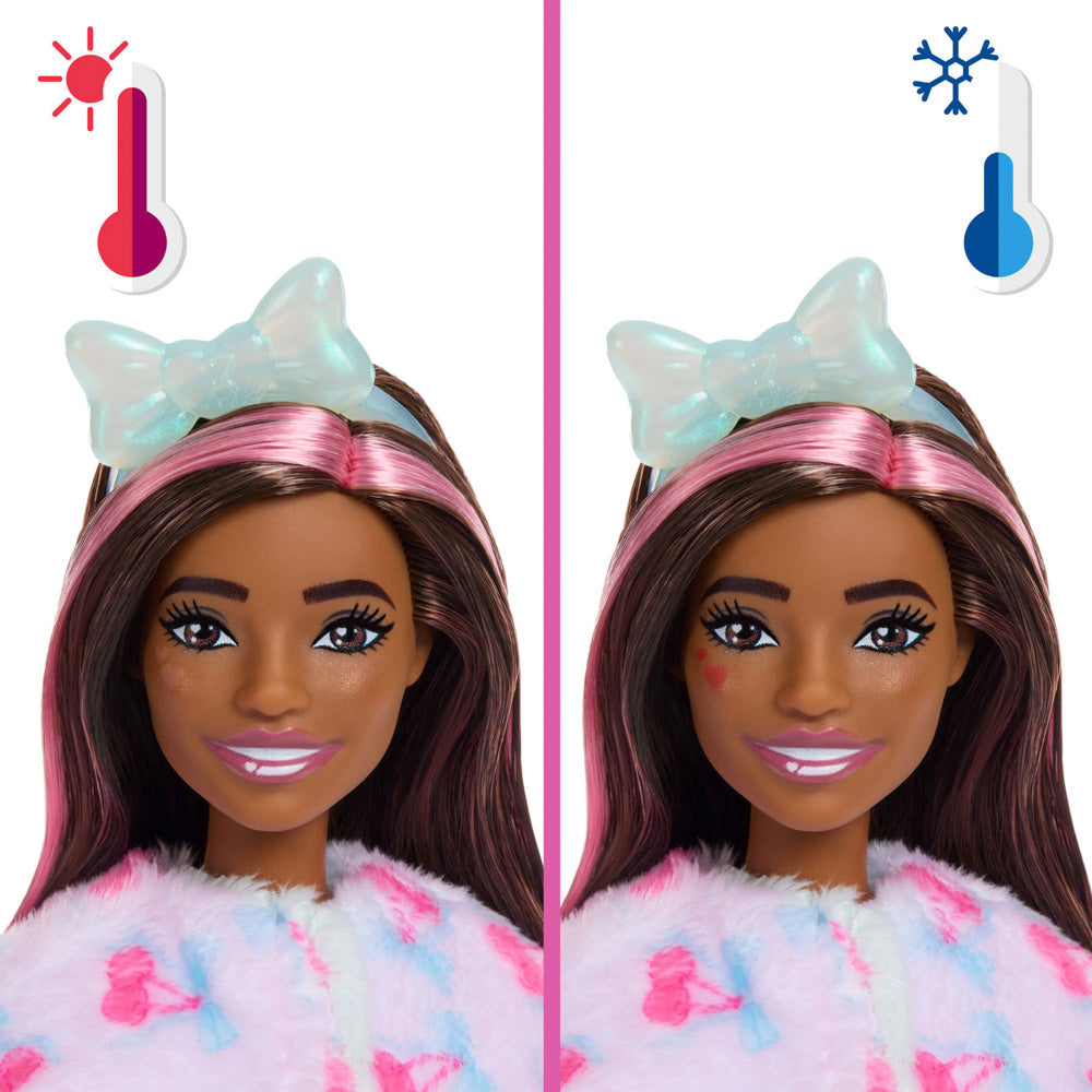 Barbie's face changes with hot and cold water, in the Barbie Cutie Doll Toy Reveal Cuddly Series - Bunny