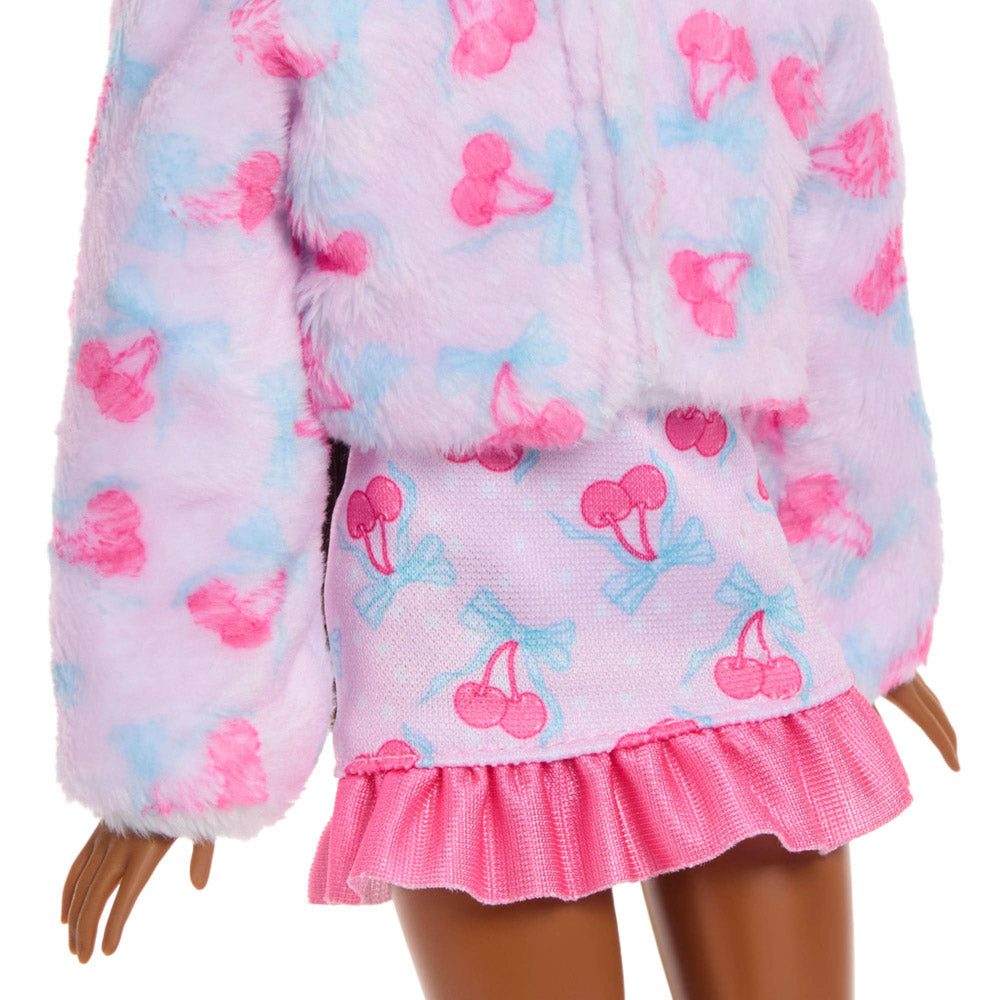 Pink cherry clothing in the Barbie Cutie Doll Toy Reveal Cuddly Series - Bunny