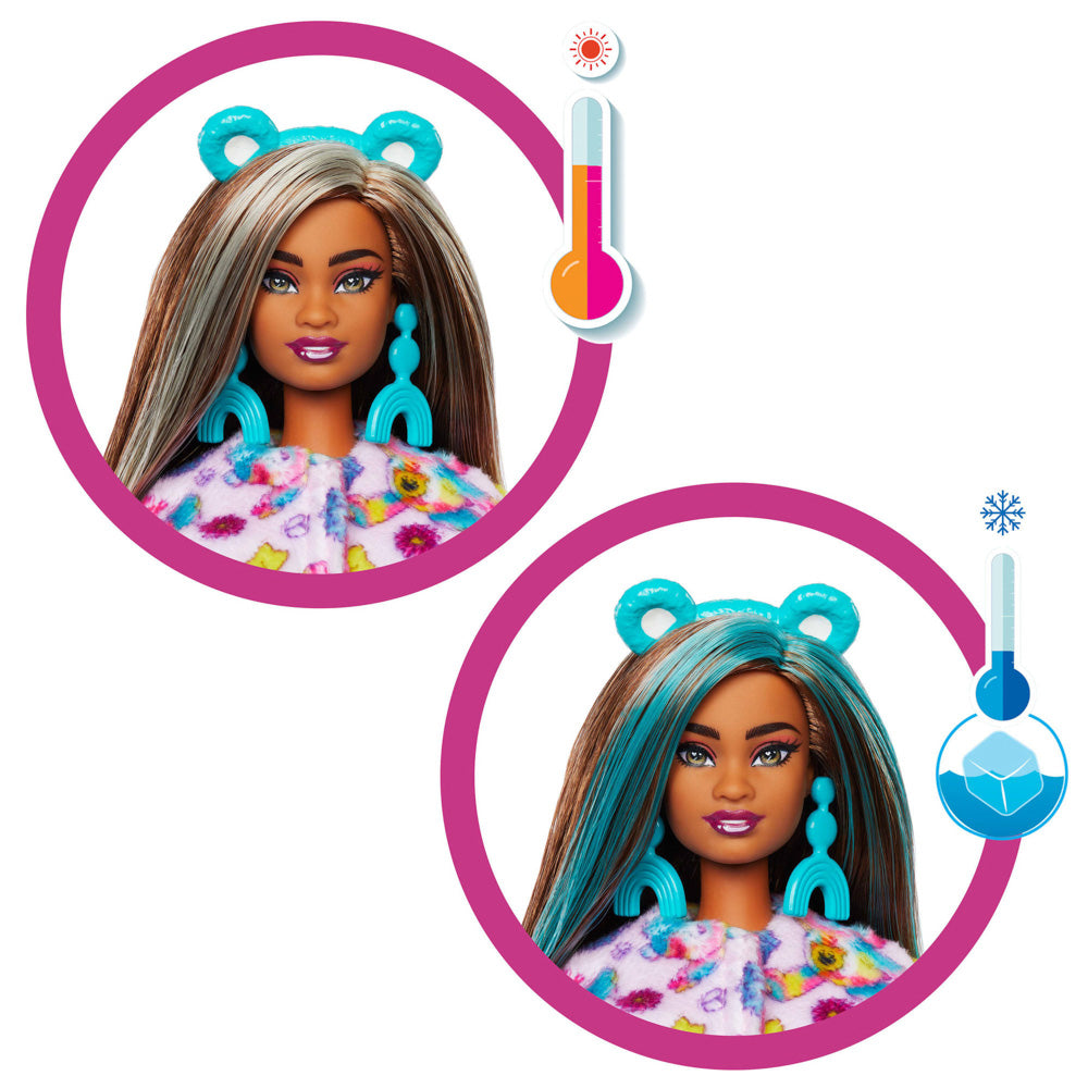 Hair changes colour with hot and cold water, in the Barbie Cutie Reveal Care Bears - Good Vibes Bear Doll Toy