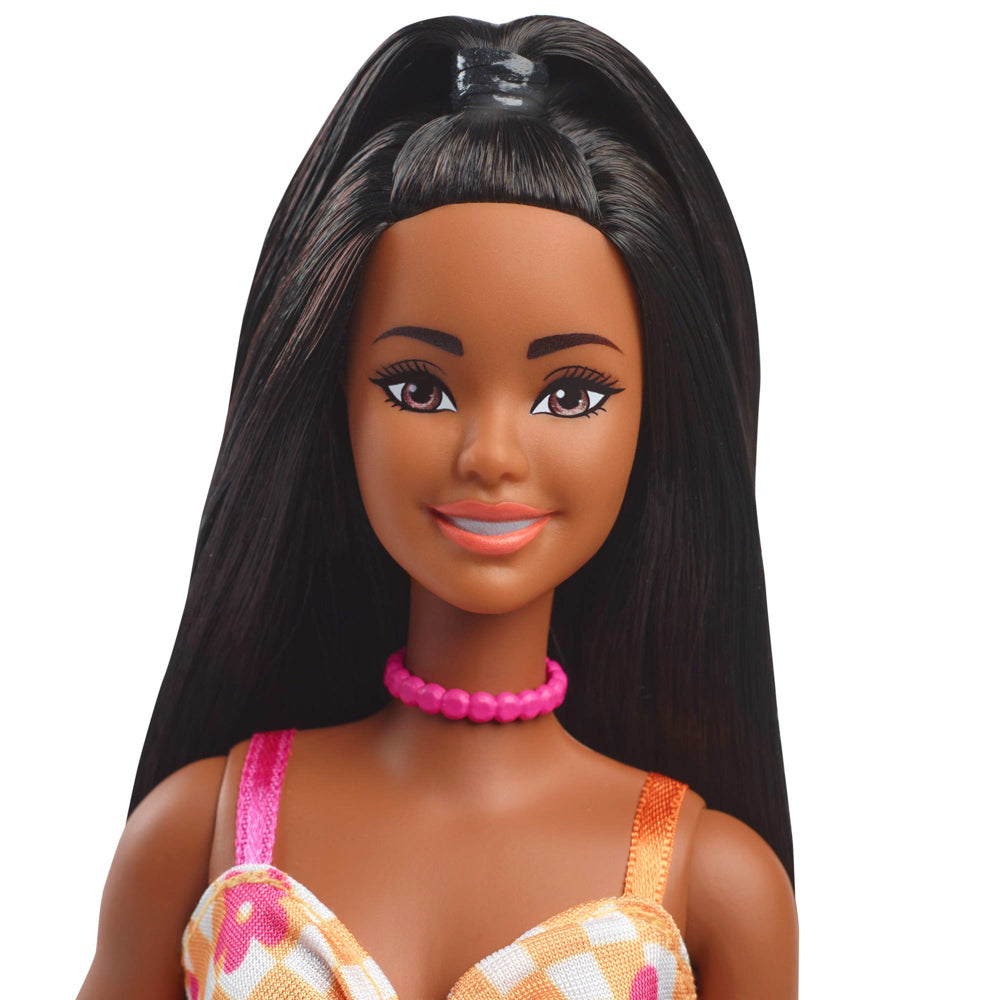 Close up face of the Barbie Fashionista Diversity Doll with Black Hair Skin - 233 Flower Midi Dress