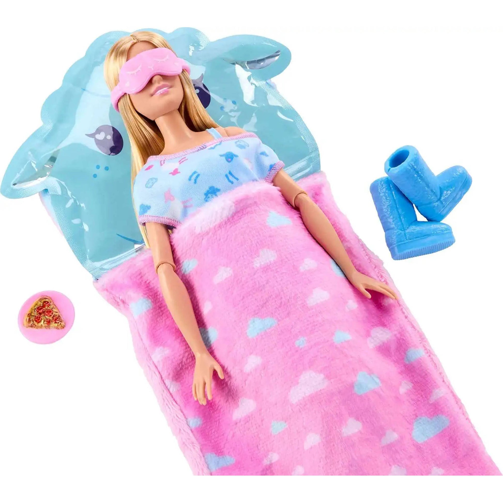 Barbie Party Unboxed Sleepover Reveal Pyjama Surprise - Blue Doll sleeping