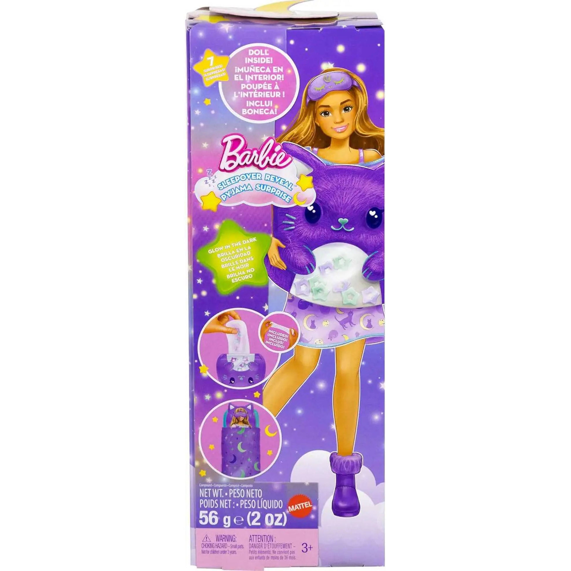 Barbie Party Unboxed Sleepover Reveal Pyjama Surprise - Purple Doll, in packaging