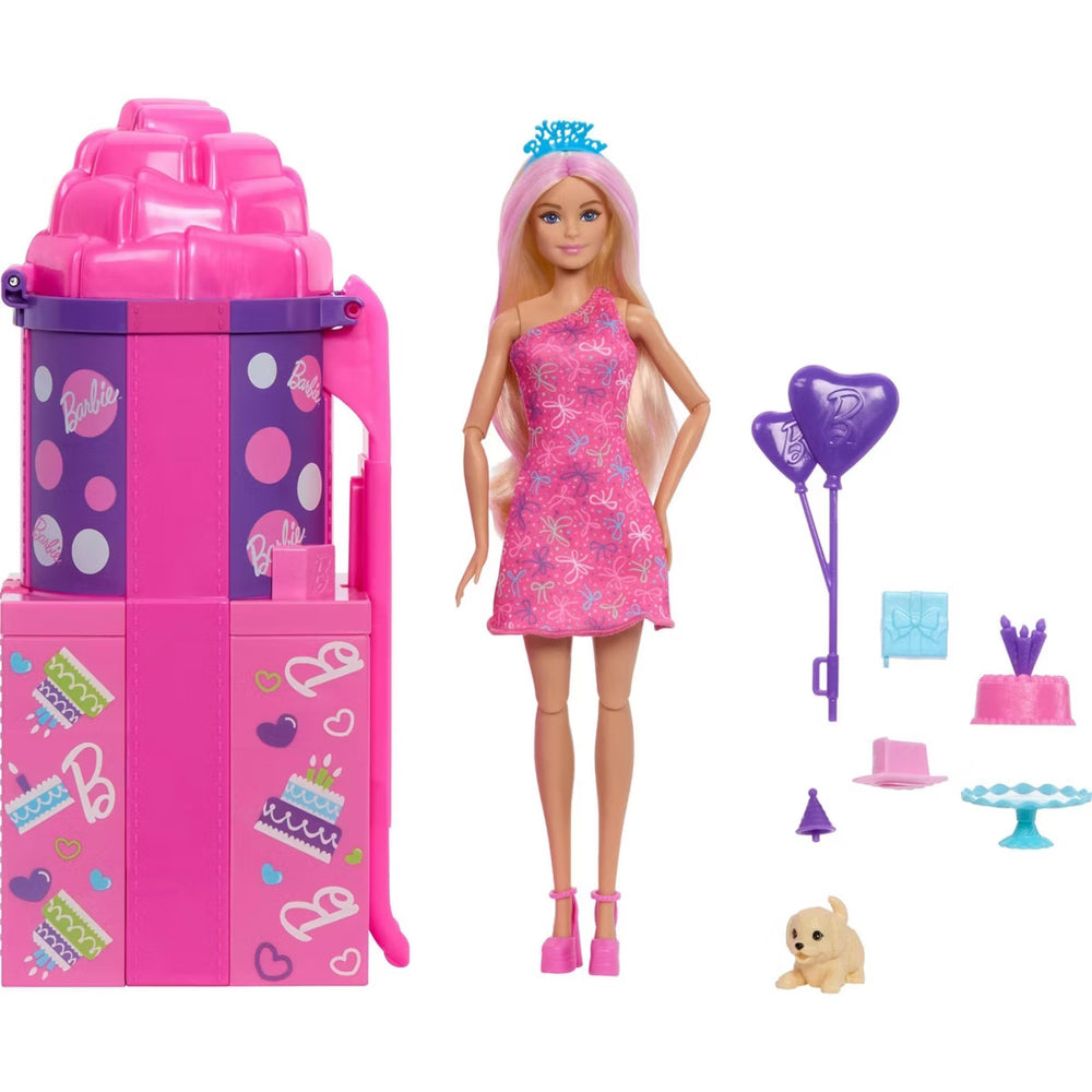 Barbie Rise And Surprise Pet Birthday Doll with present to jump out of
