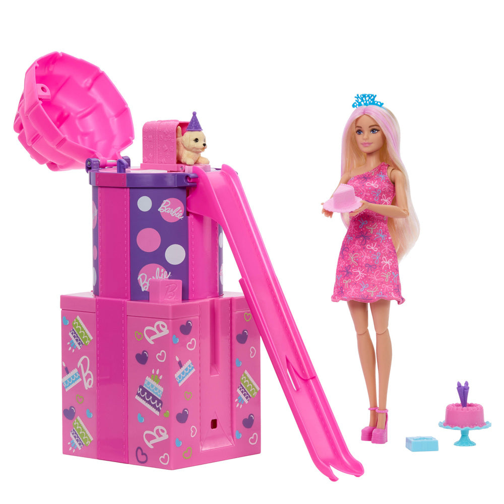 Puppy at top of slide, for the Barbie Rise And Surprise Pet Birthday Doll with present to jump out of