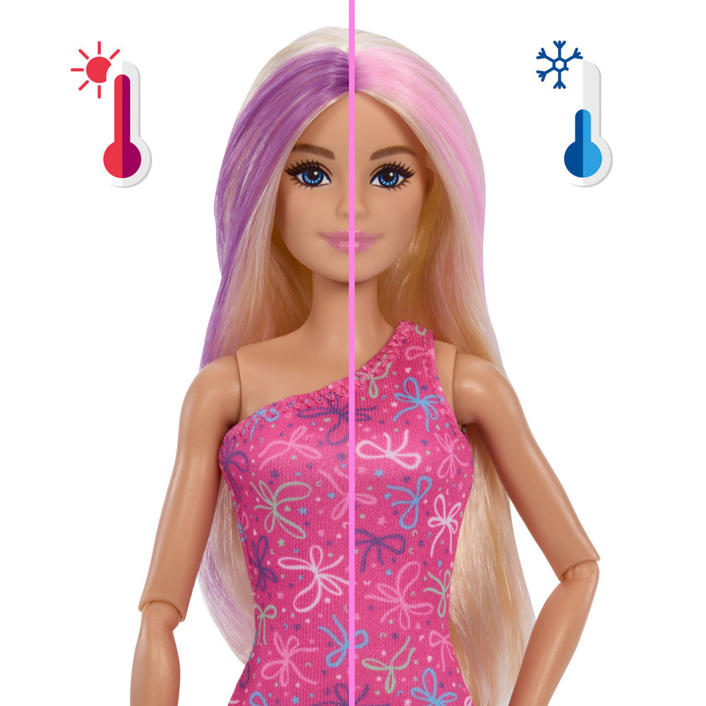 Barbie's hair changes colour with water temperature, in the Barbie Rise And Surprise Pet Birthday Doll with present to jump out of