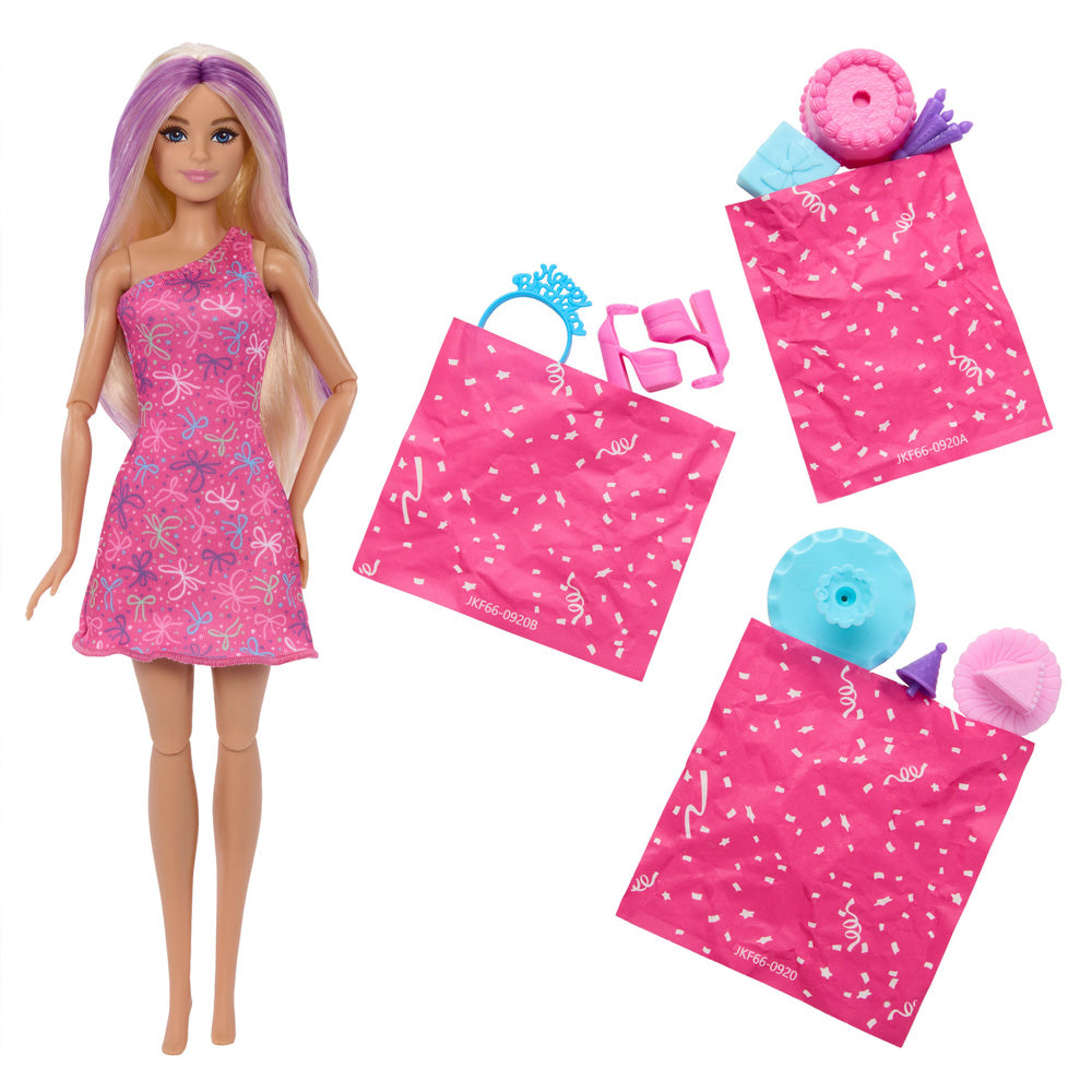 Accessories included in the Barbie Rise And Surprise Pet Birthday Doll with present to jump out of