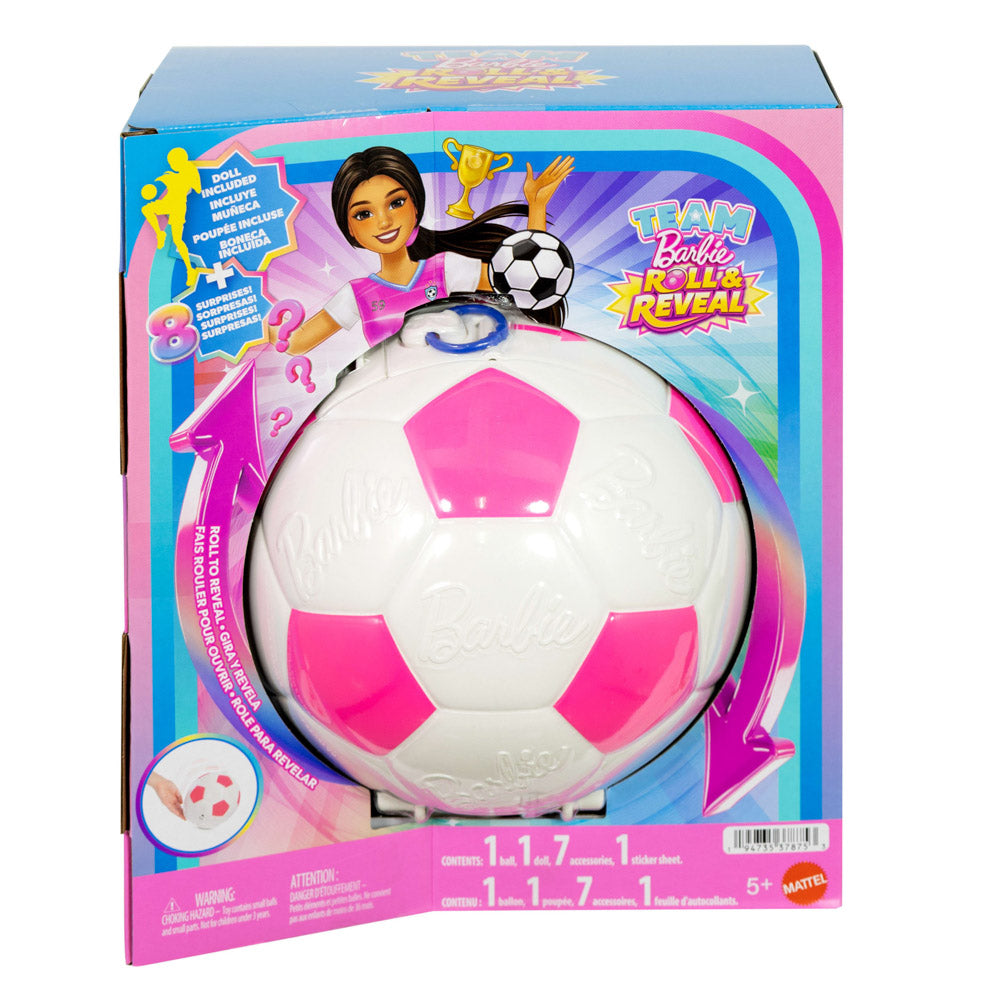 Barbie Team Roll and Reveal Soccer Ball and doll, in packaging