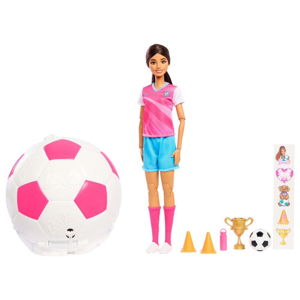 Barbie Team Roll and Reveal Soccer Ball and doll, with accessories