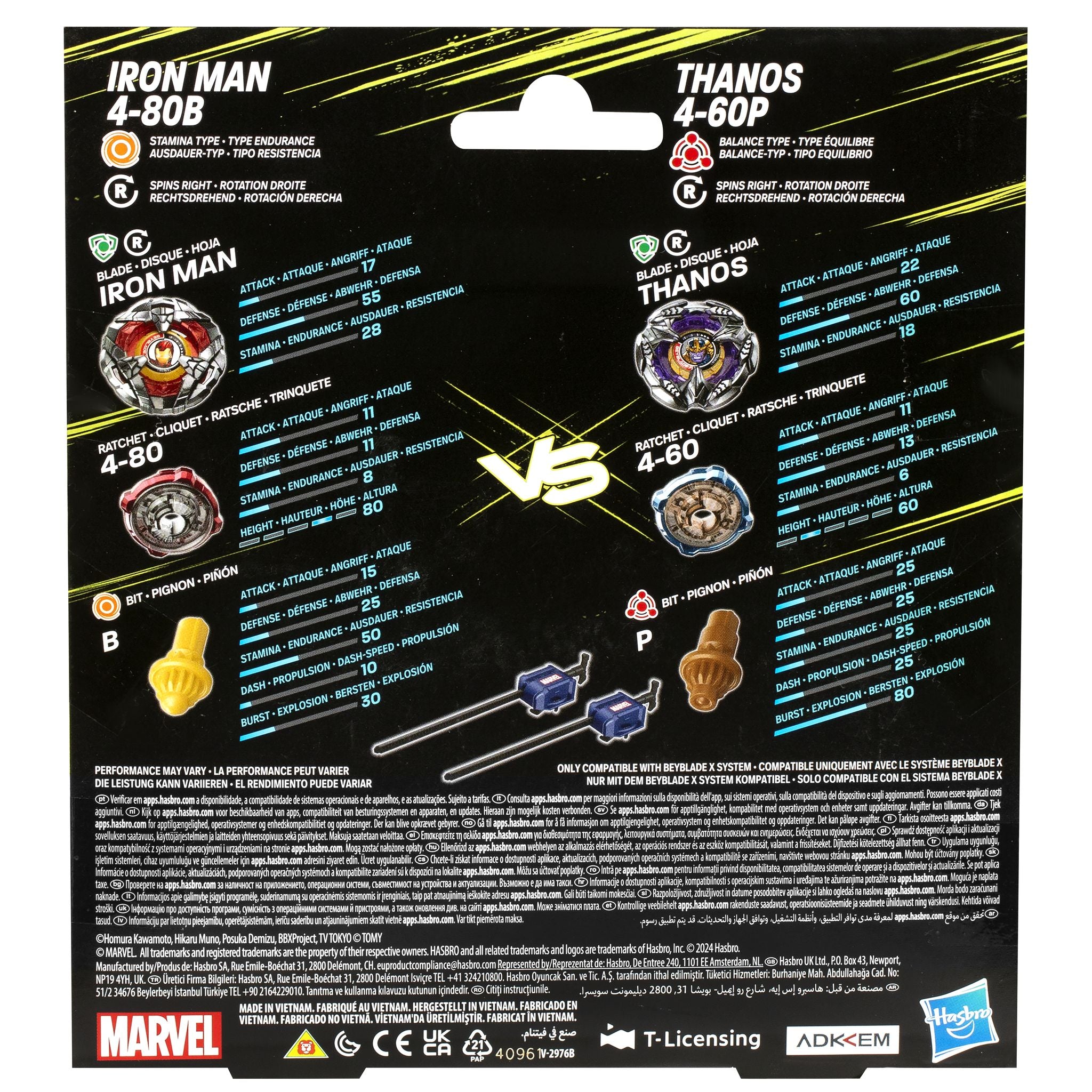 Beyblade X Marvel Iron Man 4-80B vs Thanos 4-60P Dual Pack Set