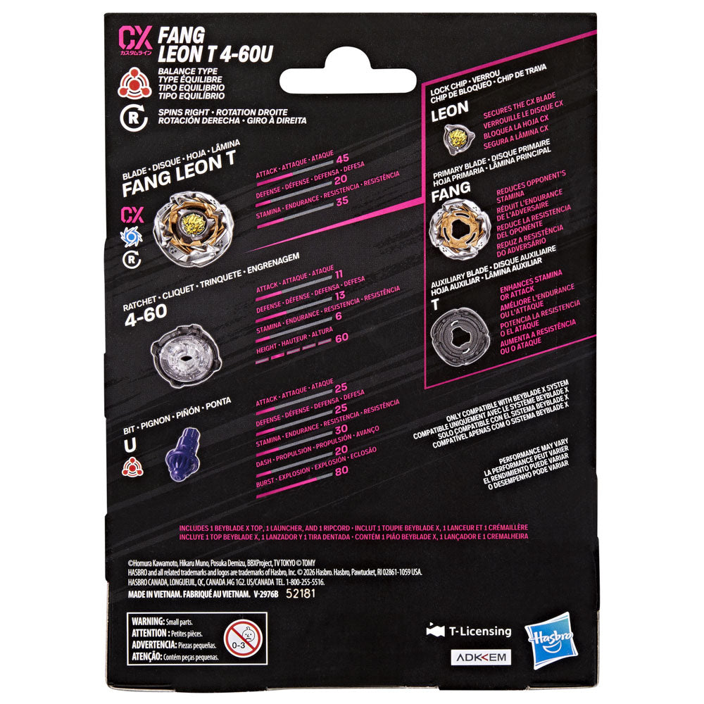 Back packaging of the Beyblade X Fang Leon T 4-60U CX Starter Pack