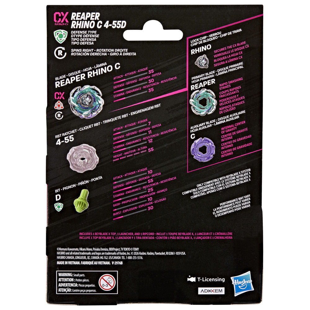 Back packaging of the Beyblade X Reaper Rhino C 4-55D CX Starter Pack set