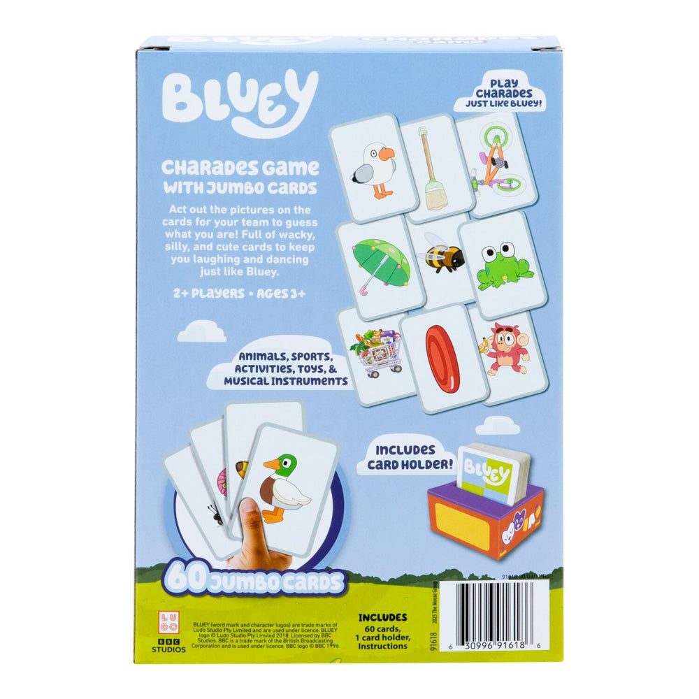 Back packaging for the Bluey Charades Card Game for kids aged 3+