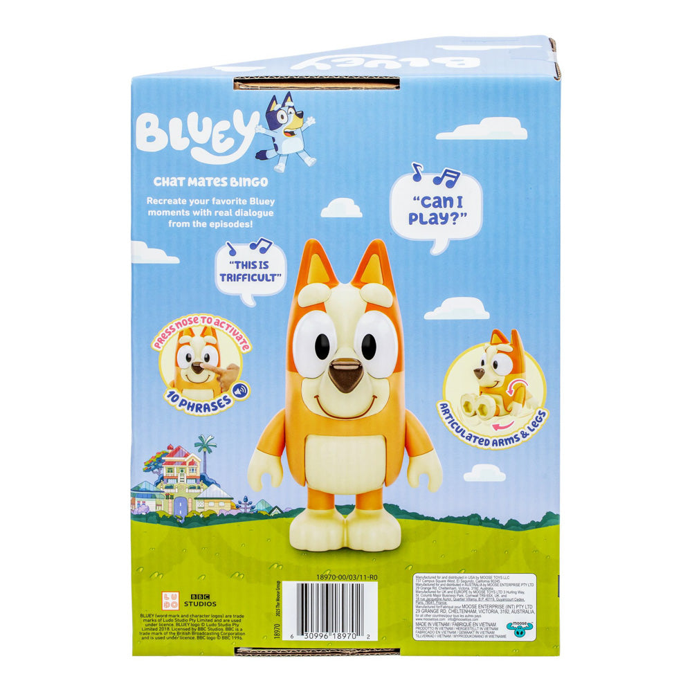 Back packaging of the Bluey Chat Mates Talking Figure Bingo toy