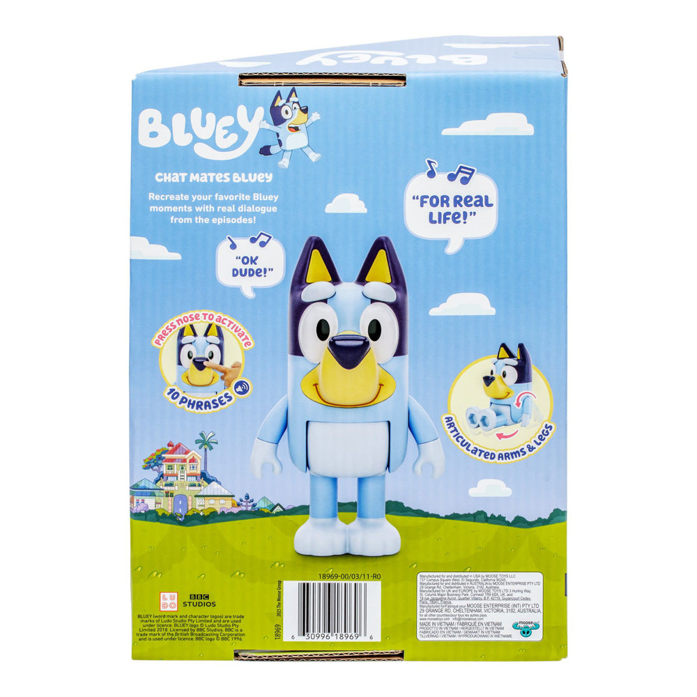 Back packaging of the Bluey Chat Mates Talking Figure toy