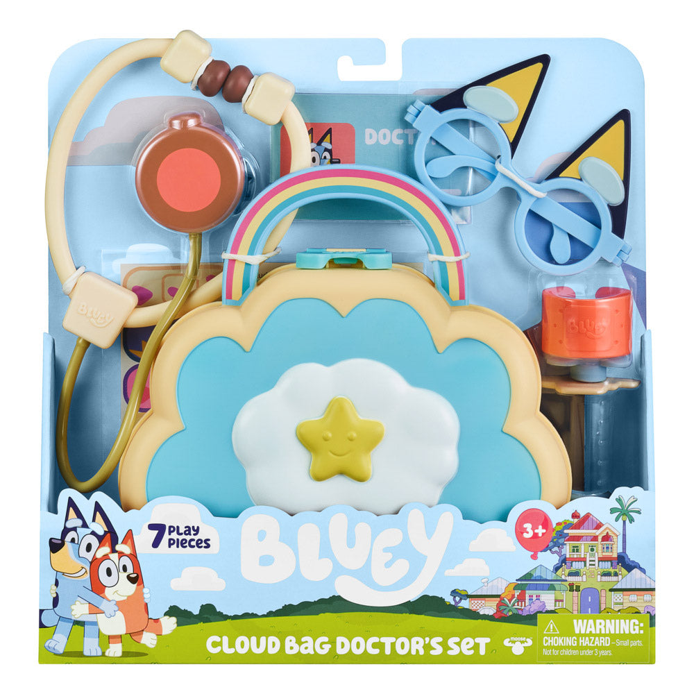 Bluey Cloud Bag Doctor Set including Stethoscope, Syringe, and Bandages.