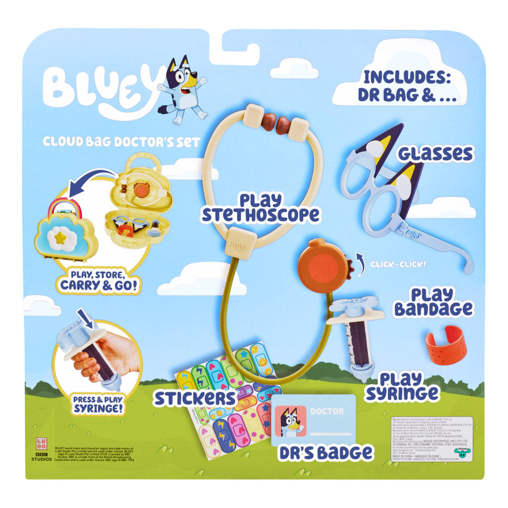 Bluey Cloud Bag Doctor Set including Stethoscope, Syringe, and Bandages.