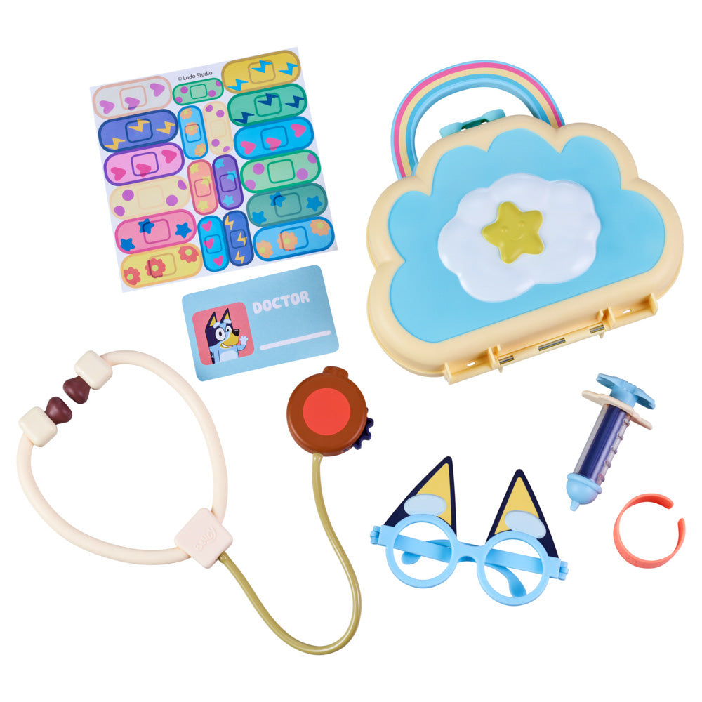Bluey Cloud Bag Doctor Set including Stethoscope, Syringe, and Bandages.