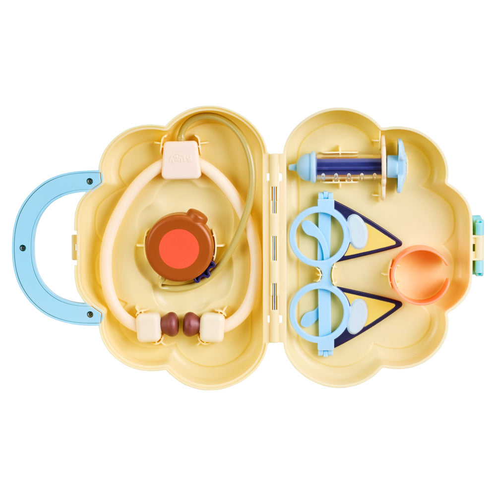 Bluey Cloud Bag Doctor Set including Stethoscope, Syringe, and Bandages.