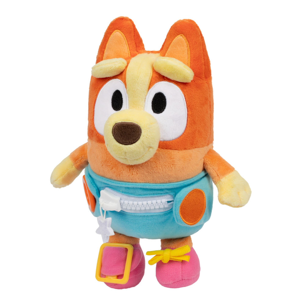 Learn how to dress, tie your shoes, buckle, zip, and use velcro, with Bluey Dress & Play Baby Bingo.