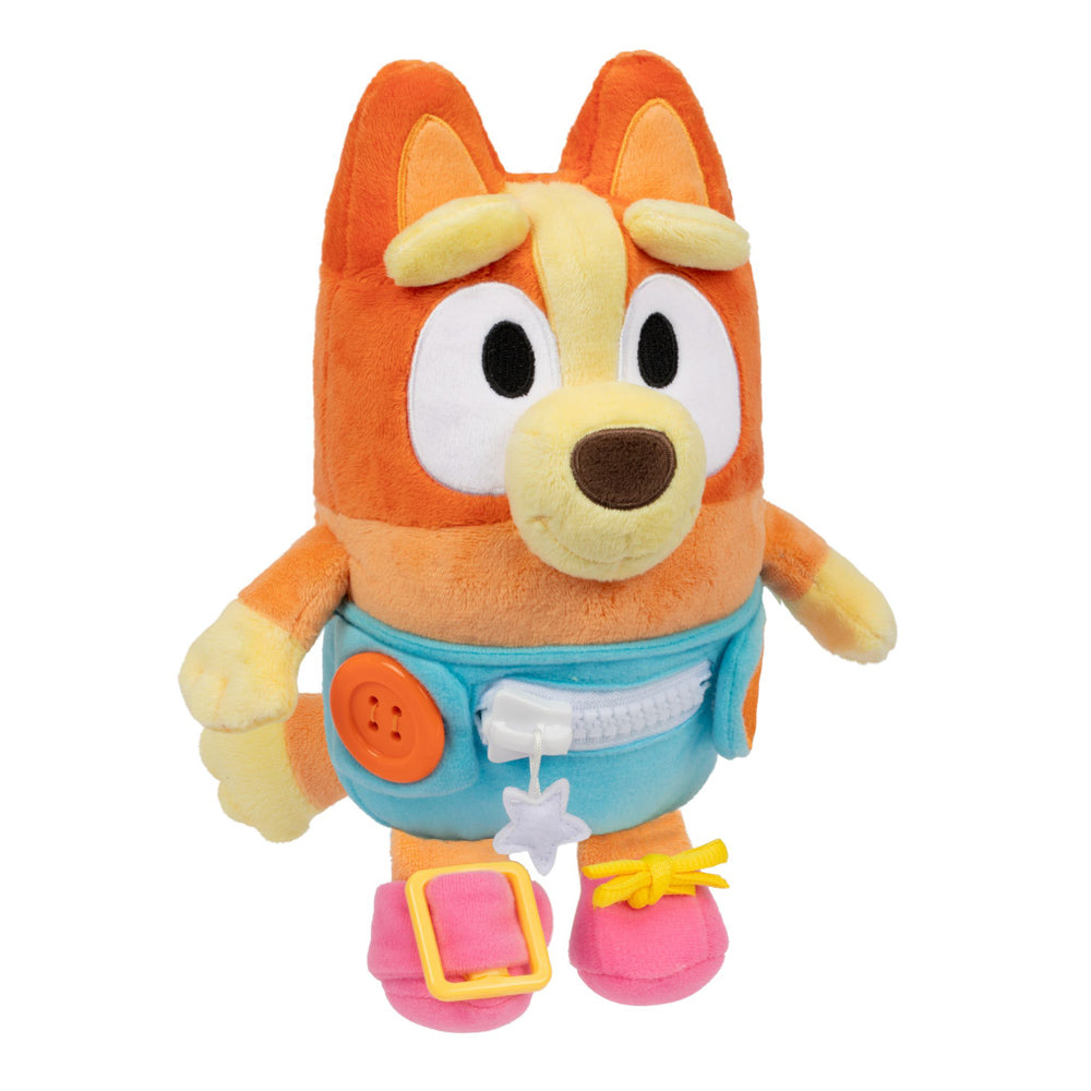 Learn how to dress, tie your shoes, buckle, zip, and use velcro, with Bluey Dress & Play Baby Bingo.