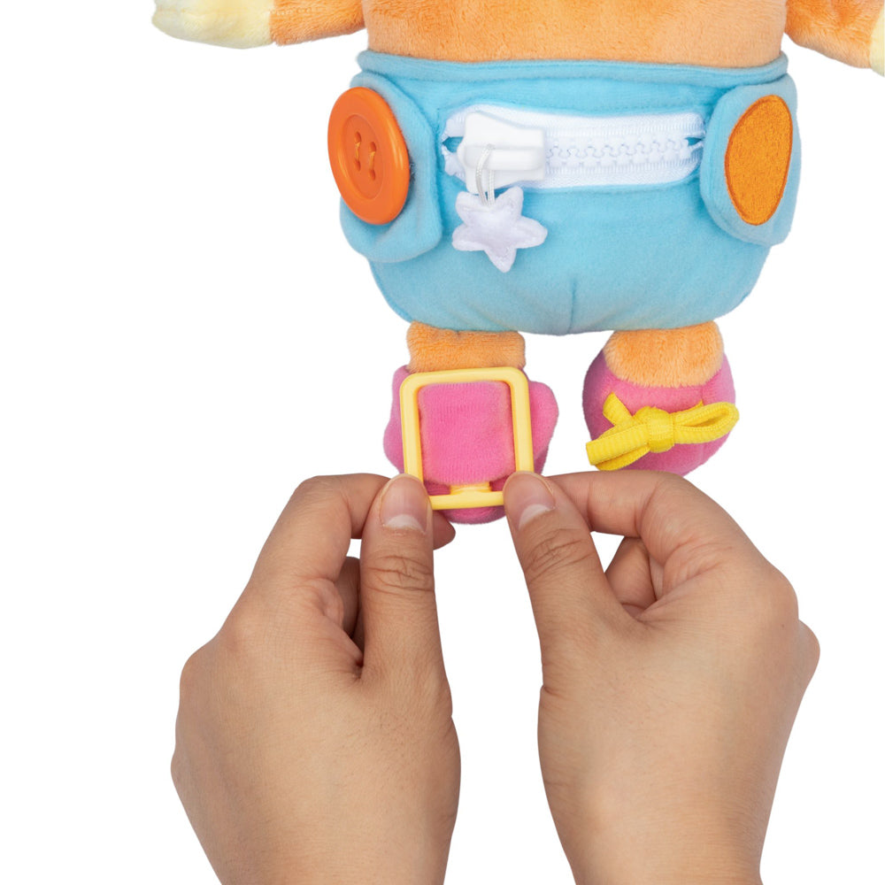 Learn how to dress, tie your shoes, buckle, zip, and use velcro, with Bluey Dress & Play Baby Bingo.