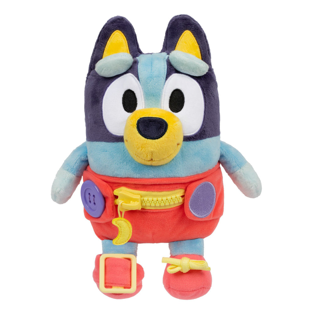 Learn how to dress, tie your shoes, buckle, zip, and use velcro, with Bluey Dress & Play plush.