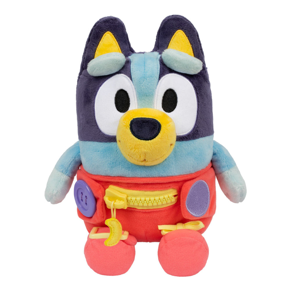 Learn how to dress, tie your shoes, buckle, zip, and use velcro, with Bluey Dress & Play plush.