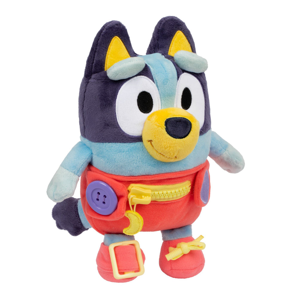 Learn how to dress, tie your shoes, buckle, zip, and use velcro, with Bluey Dress & Play plush.