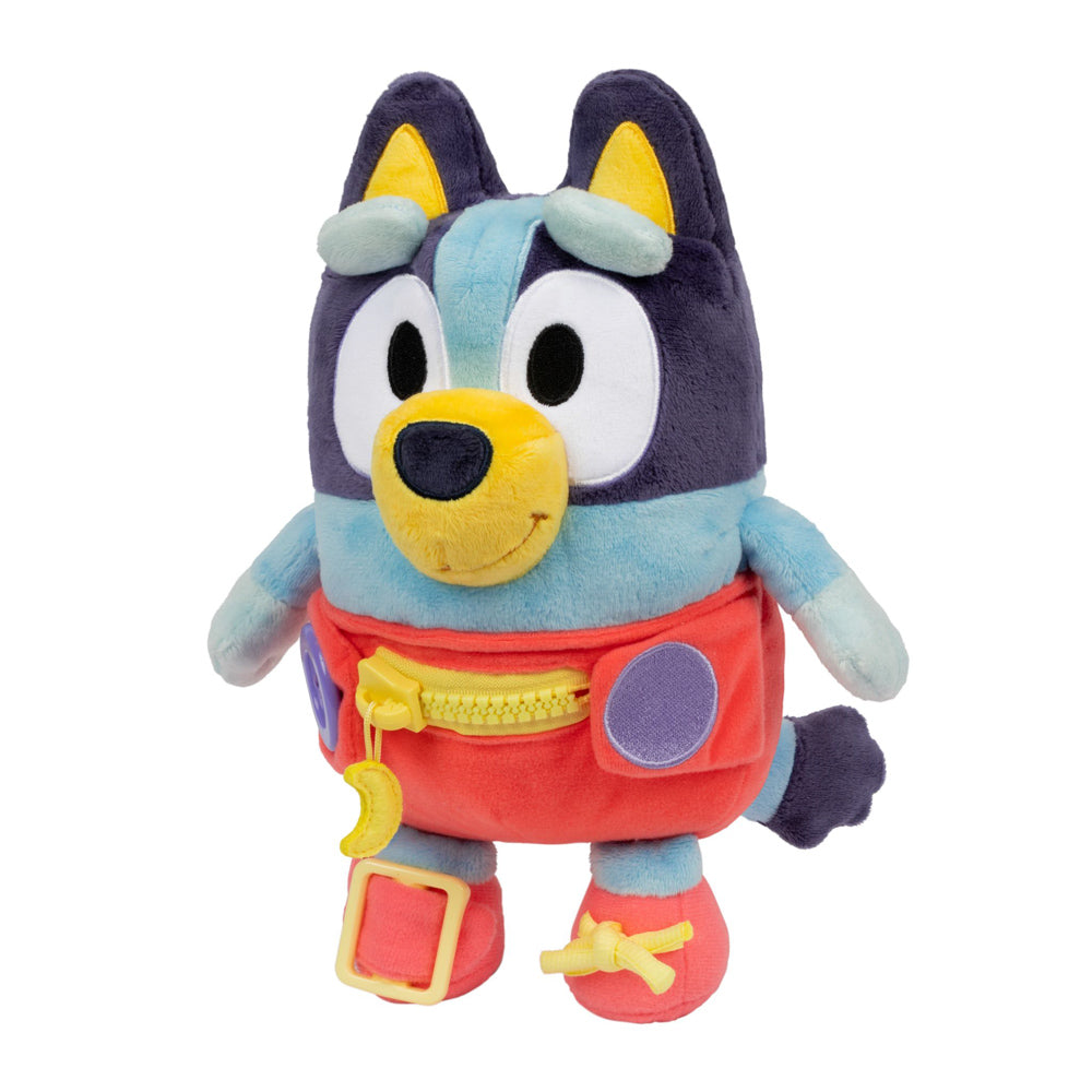 Learn how to dress, tie your shoes, buckle, zip, and use velcro, with Bluey Dress & Play plush.