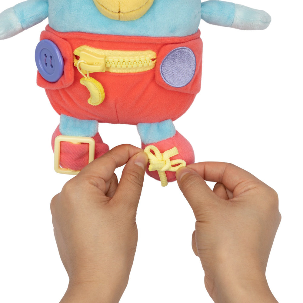 Learn how to dress, tie your shoes, buckle, zip, and use velcro, with Bluey Dress & Play plush.