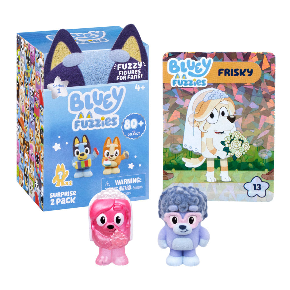 Collectible figures in the Bluey Fuzzies Series 15 Surprise 2-Pack Blind Box toy
