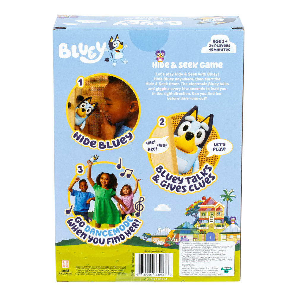 Back packaging of the Bluey Hide & Seek Game with Bluey figure